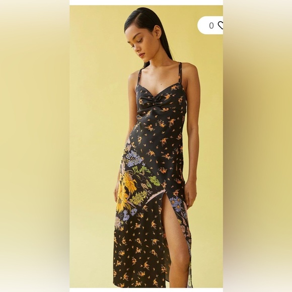 Urban Outfitters Samir’s Black Floral Midi Slip Satin Dress side slit ,size XS - Picture 1 of 13
